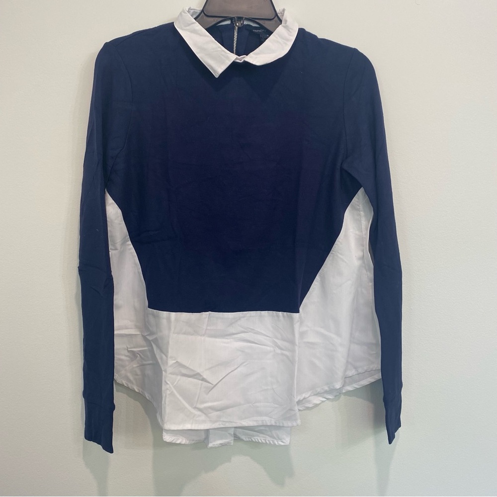 French Connection Mixed Media Navy Blue and White Shirt S